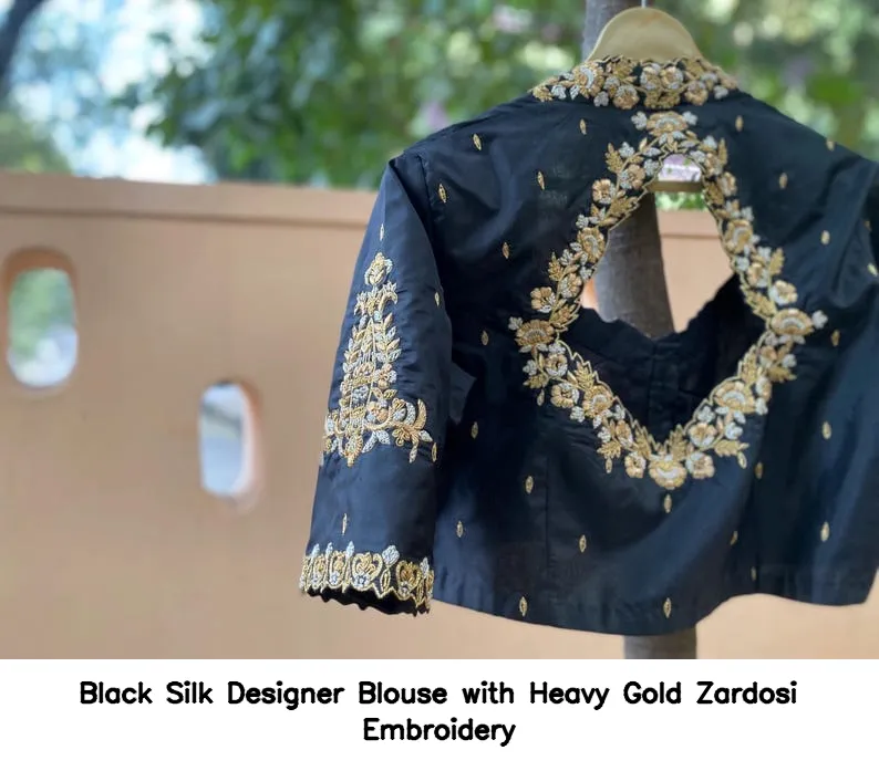 Black Silk Designer Blouse with Heavy Gold Zardosi Embroidery 2
