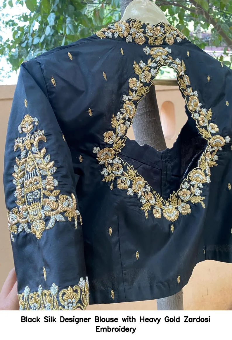 Black Silk Designer Blouse with Heavy Gold Zardosi Embroidery 3