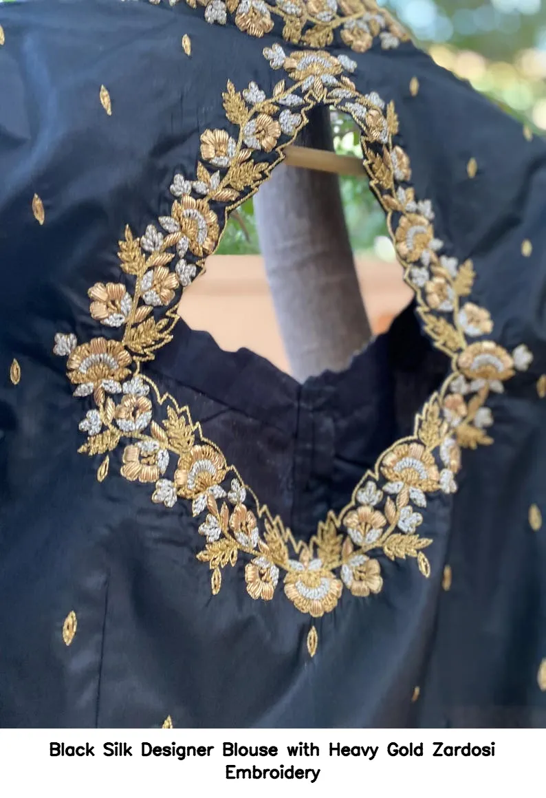 Black Silk Designer Blouse with Heavy Gold Zardosi Embroidery 4
