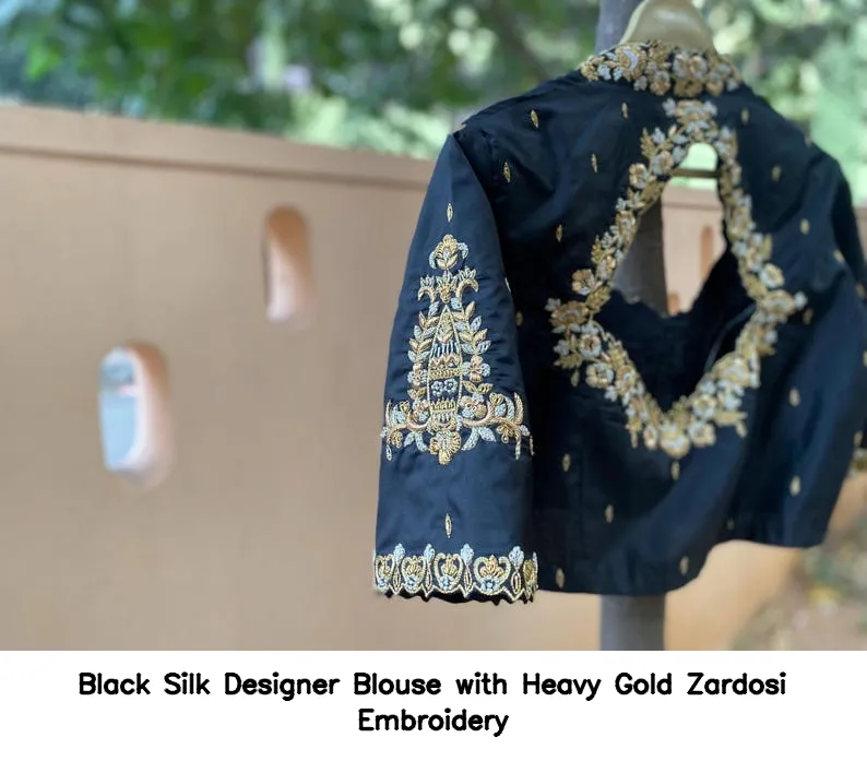 Black Silk Designer Blouse with Heavy Gold Zardosi Embroidery 5