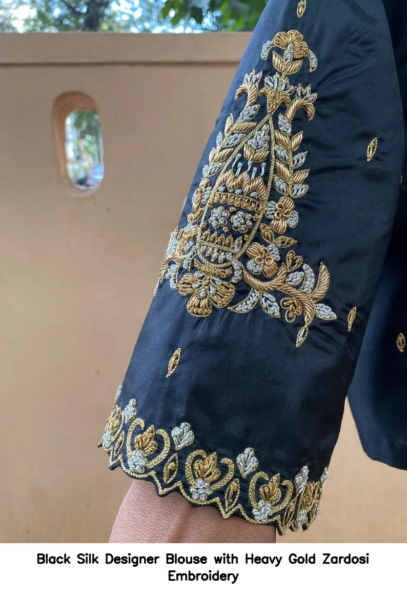Black Silk Designer Blouse with Heavy Gold Zardosi Embroidery 6