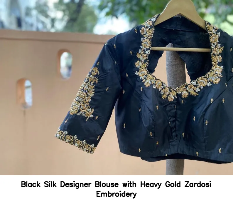 Black Silk Designer Blouse with Heavy Gold Zardosi Embroidery 7
