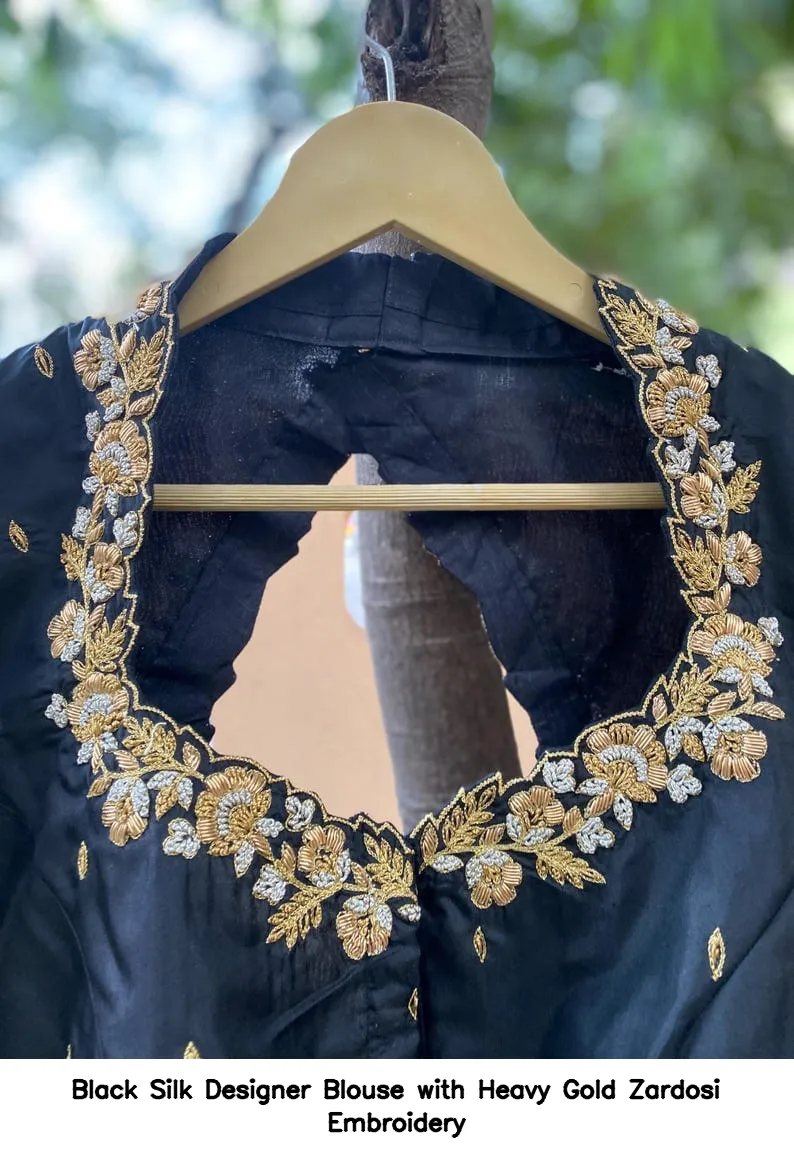 Black Silk Designer Blouse with Heavy Gold Zardosi Embroidery 8