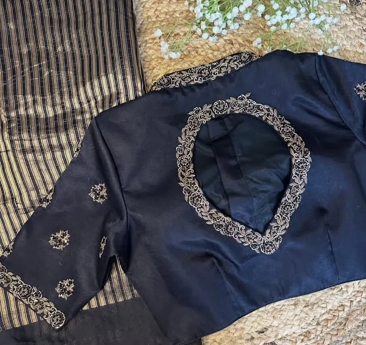 Black Silk High Neck Maggam Work Blouse - Antique Gold Floral Collar Saree Blouse with Teardrop Back Neck 1