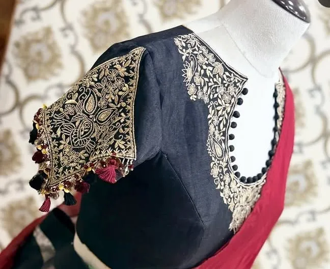 Black Silk Saree Blouse with Gold Aari Hand Embroidery & Potli Buttons | Designer Blouse with Tassel Fringe Sleeves