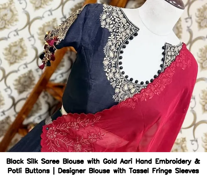 Black Silk Saree Blouse with Gold Aari Hand Embroidery & Potli Buttons | Designer Blouse with Tassel Fringe Sleeves 2