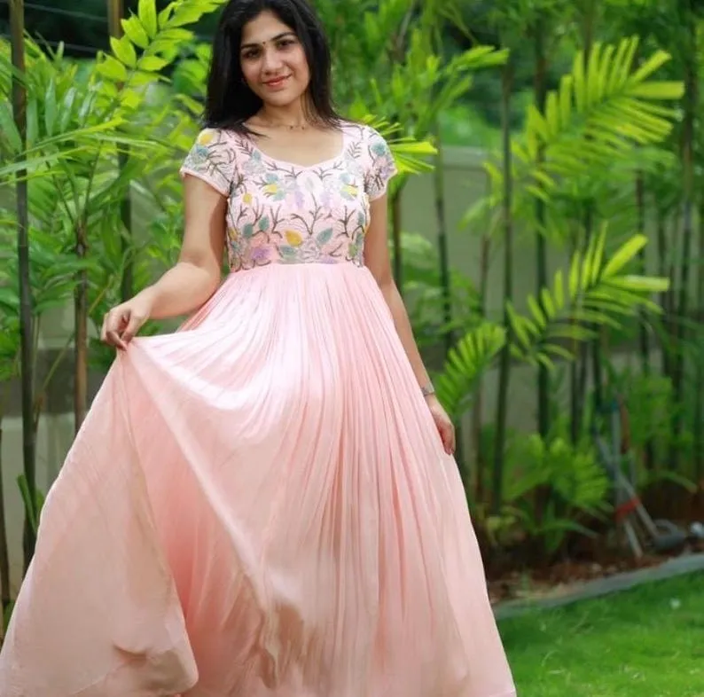 Blush Pink Handwork Yoke Long Gown, Floral Bead Embroidery Partywear Frock, Pastel Pink Pleated Indo-Western Dress