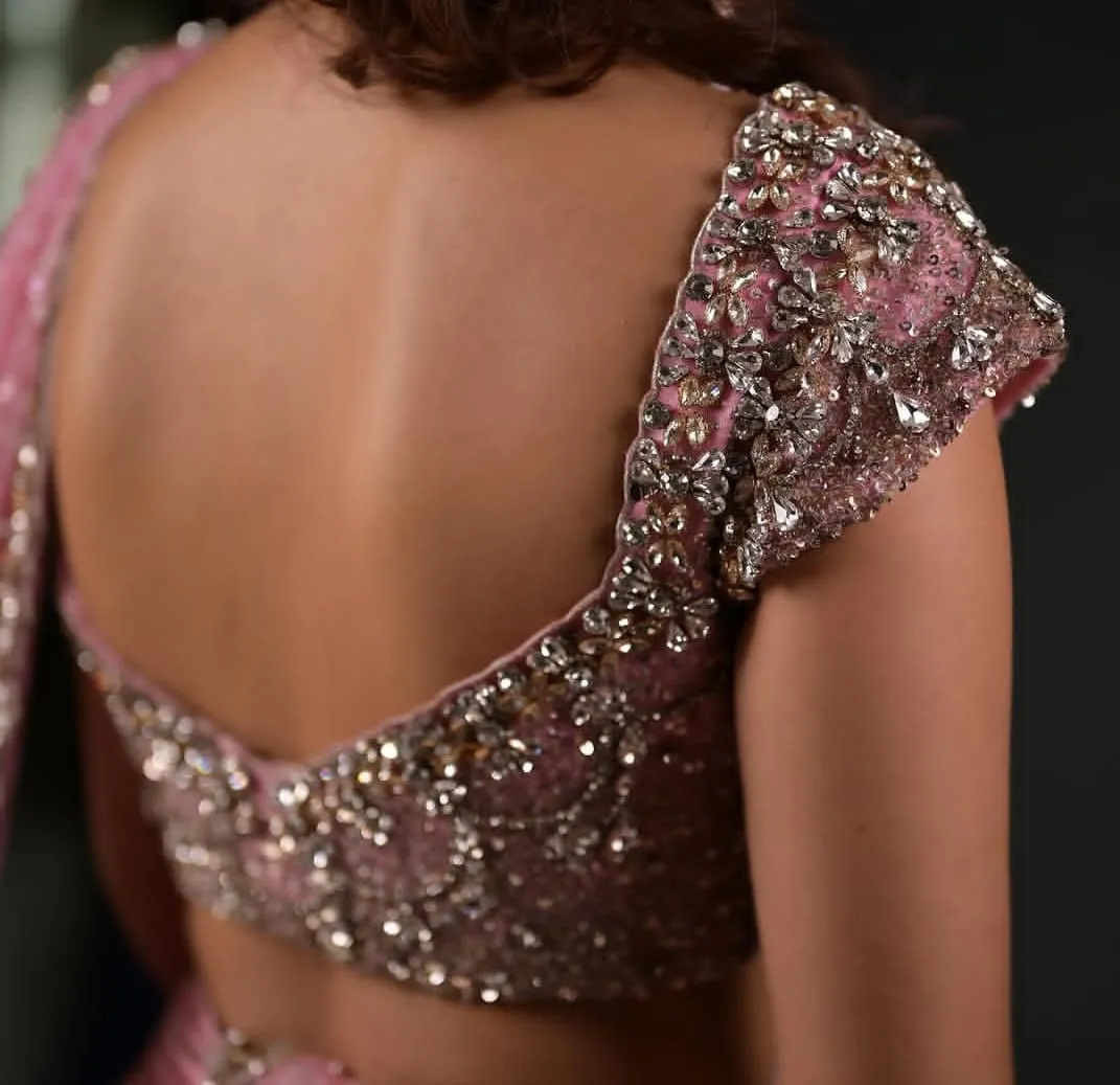 Blush Pink Heavy Crystal Embroidered Blouse – Sweetheart Neck Deep V-Back Saree Blouse 1