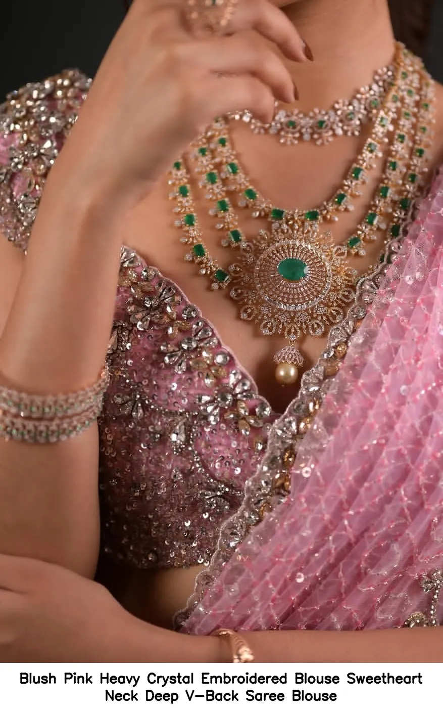Blush Pink Heavy Crystal Embroidered Blouse – Sweetheart Neck Deep V-Back Saree Blouse 2
