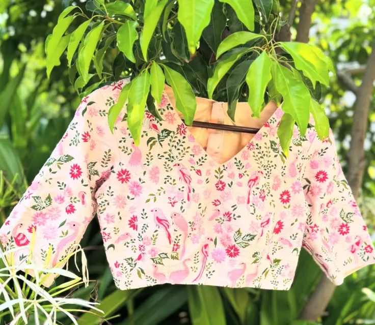 Blush Pink Silk Blouse with All-Over Botanical Floral & Bird Embroidery