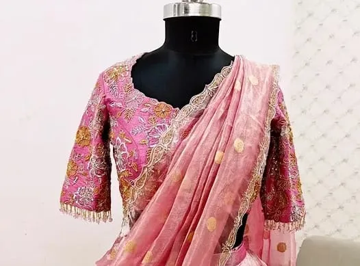 Blush Pink Silk Saree Blouse with Bead Fringe Sleeves | Scalloped Floral Zardosi Aari Blouse | Readymade Oval Back Cutout Top