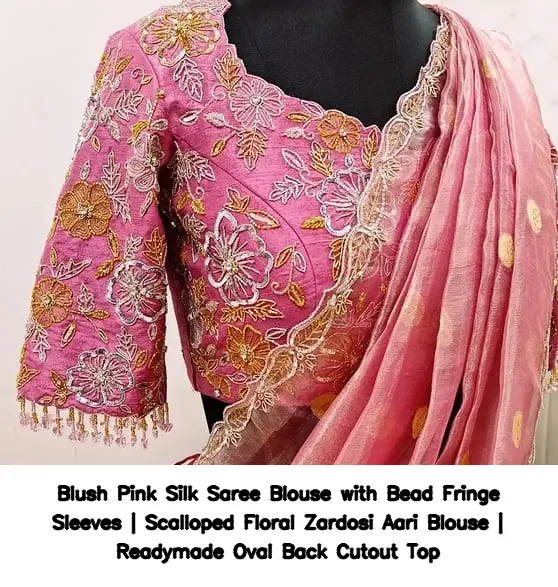 Blush Pink Silk Saree Blouse with Bead Fringe Sleeves | Scalloped Floral Zardosi Aari Blouse | Readymade Oval Back Cutout Top 2