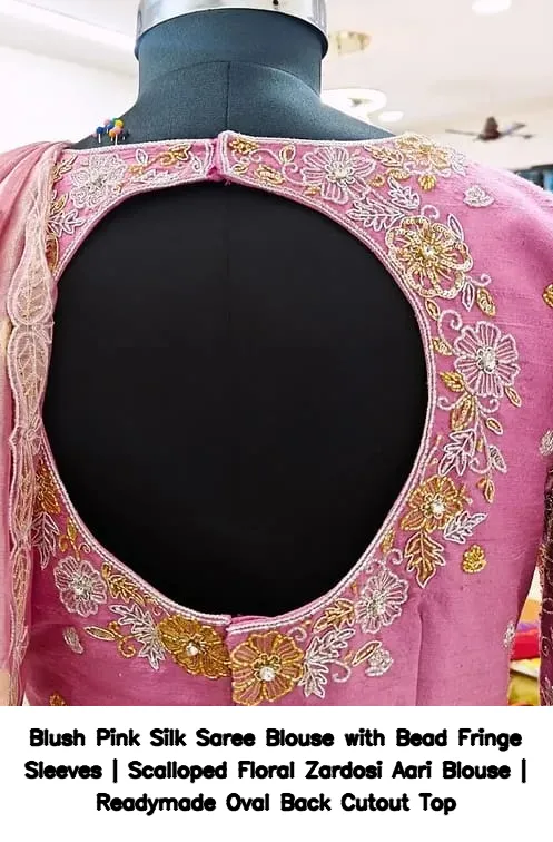 Blush Pink Silk Saree Blouse with Bead Fringe Sleeves | Scalloped Floral Zardosi Aari Blouse | Readymade Oval Back Cutout Top 3