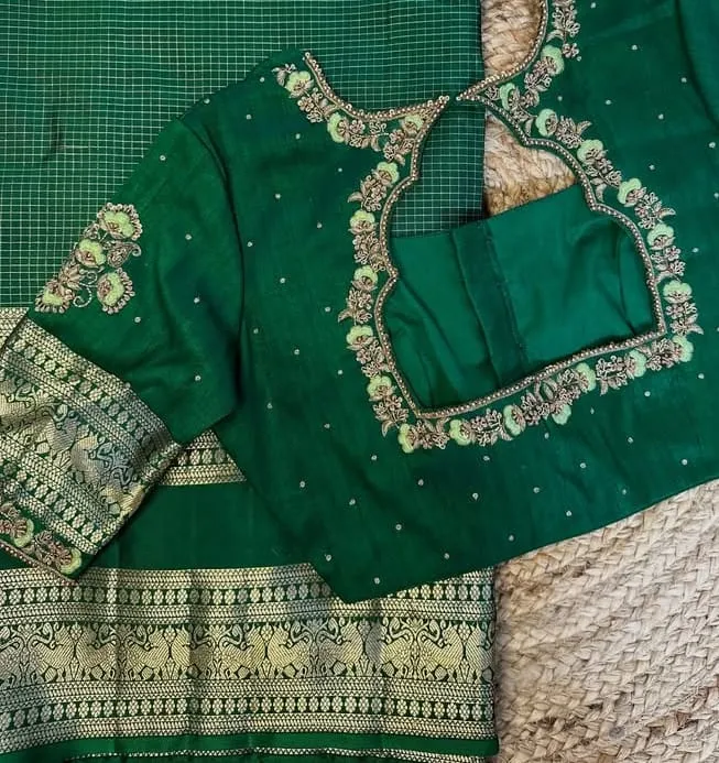 Bottle Green Maggam Work Blouse with Gold Zari Border & Scallop Neck | Designer Silk Saree Blouse 1