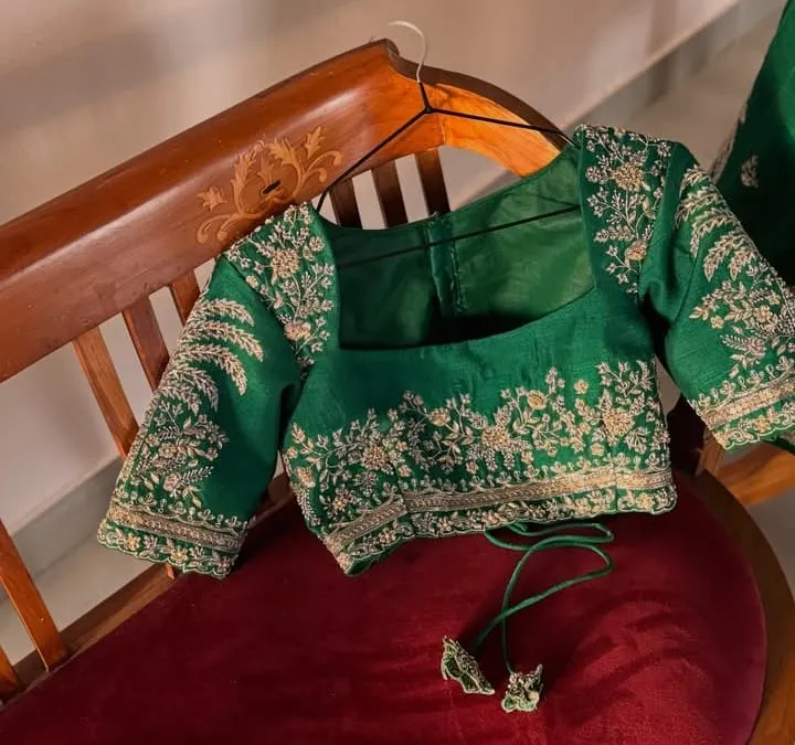 Bottle Green Raw Silk Hand Embroidered Saree Blouse | Heavy Zardosi Work Square Neck Readymade Blouse for Lehengas & Sarees
