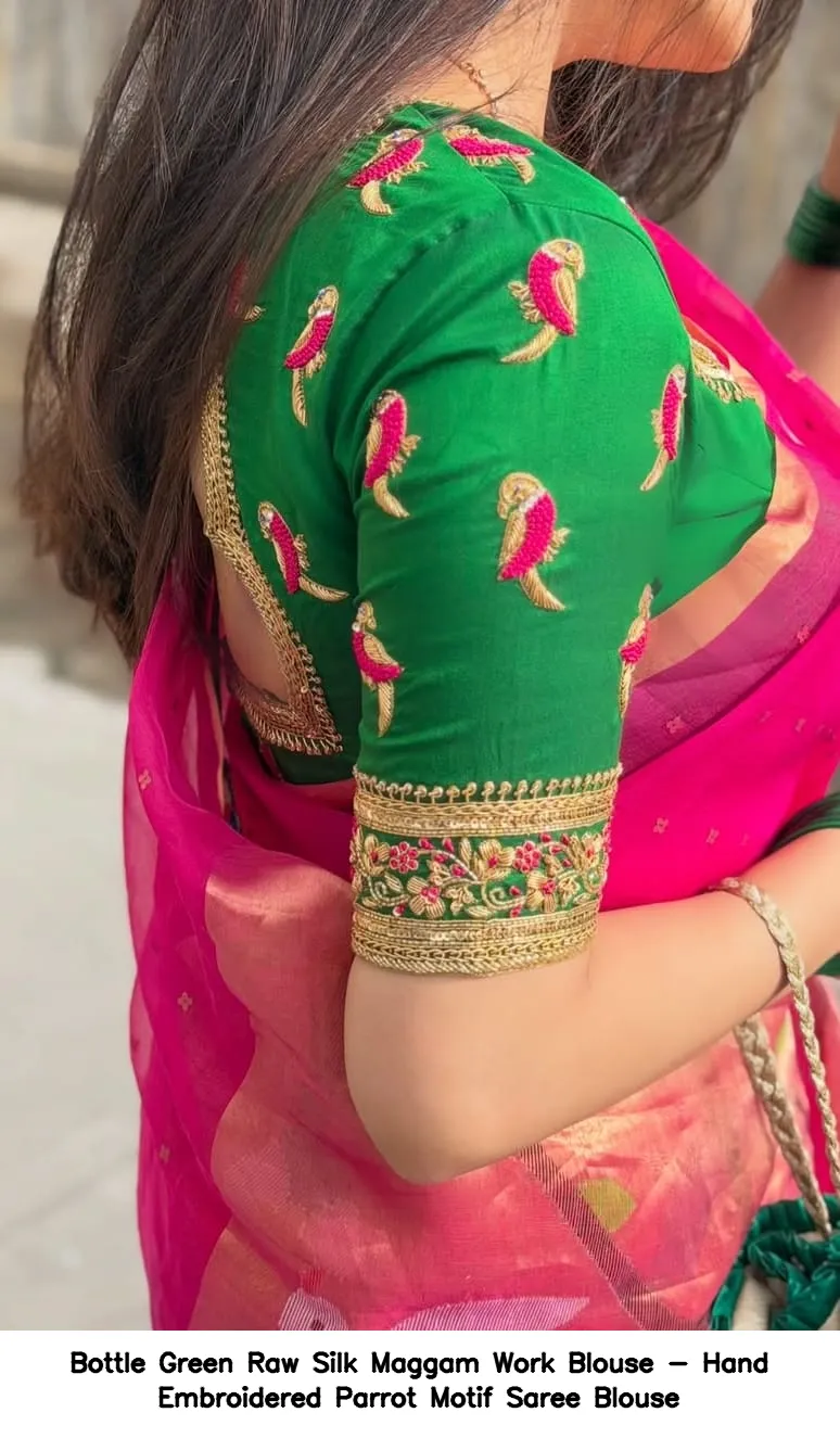 Bottle Green Raw Silk Maggam Work Blouse - Hand Embroidered Parrot Motif Saree Blouse 3