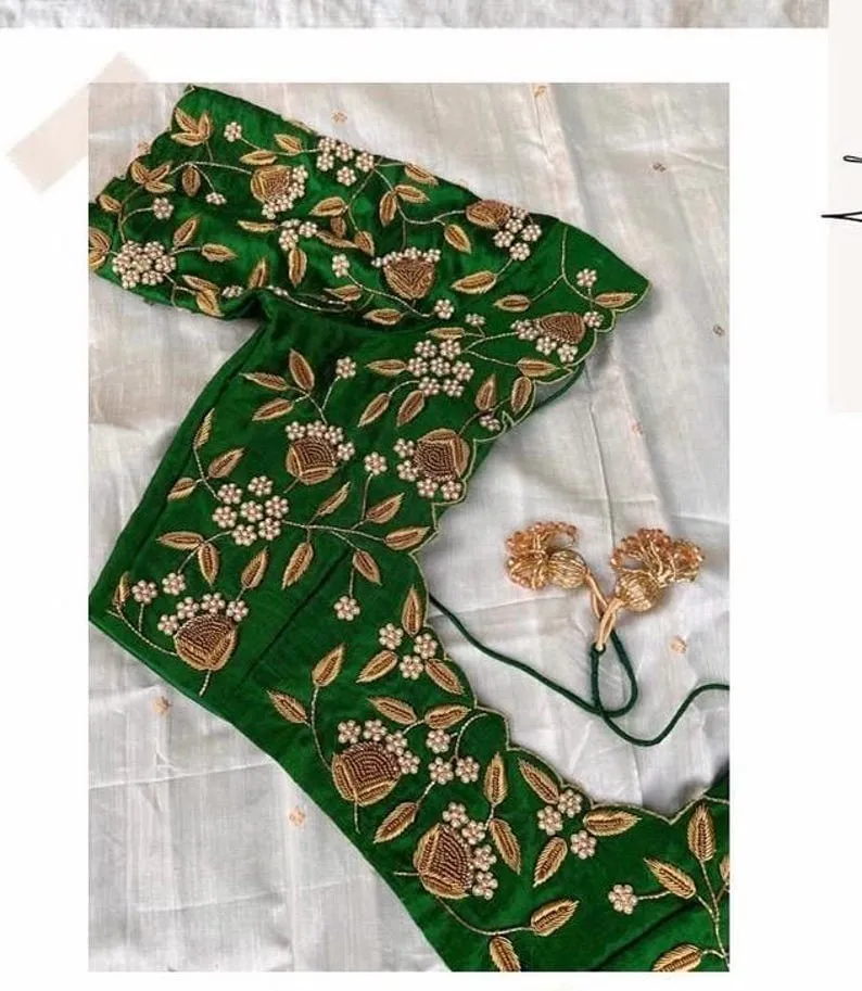 Bottle Green Raw Silk Saree Blouse with Pearl & Gold Embroidery | Scalloped Floral Maggam Work Blouse