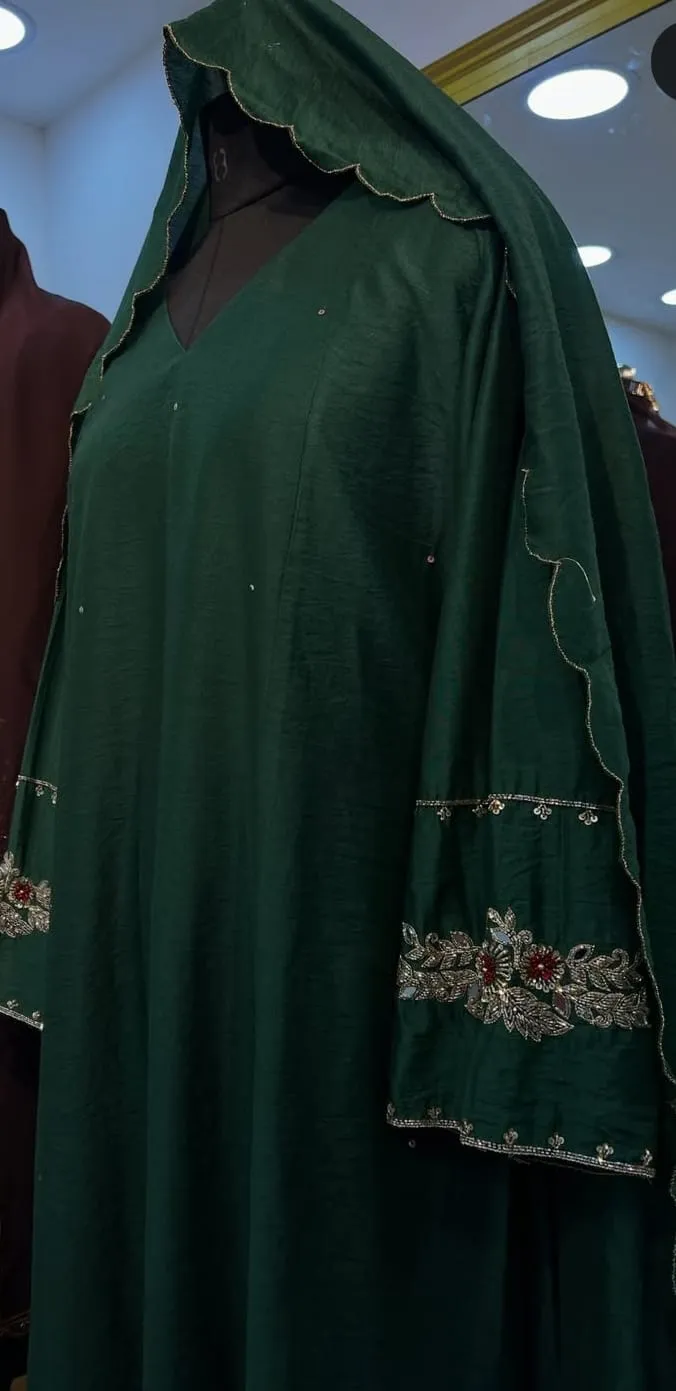 Bottle Green Silk Anarkali Suit Set | Handcrafted Scalloped Dupatta & Embroidered Sleeves 1