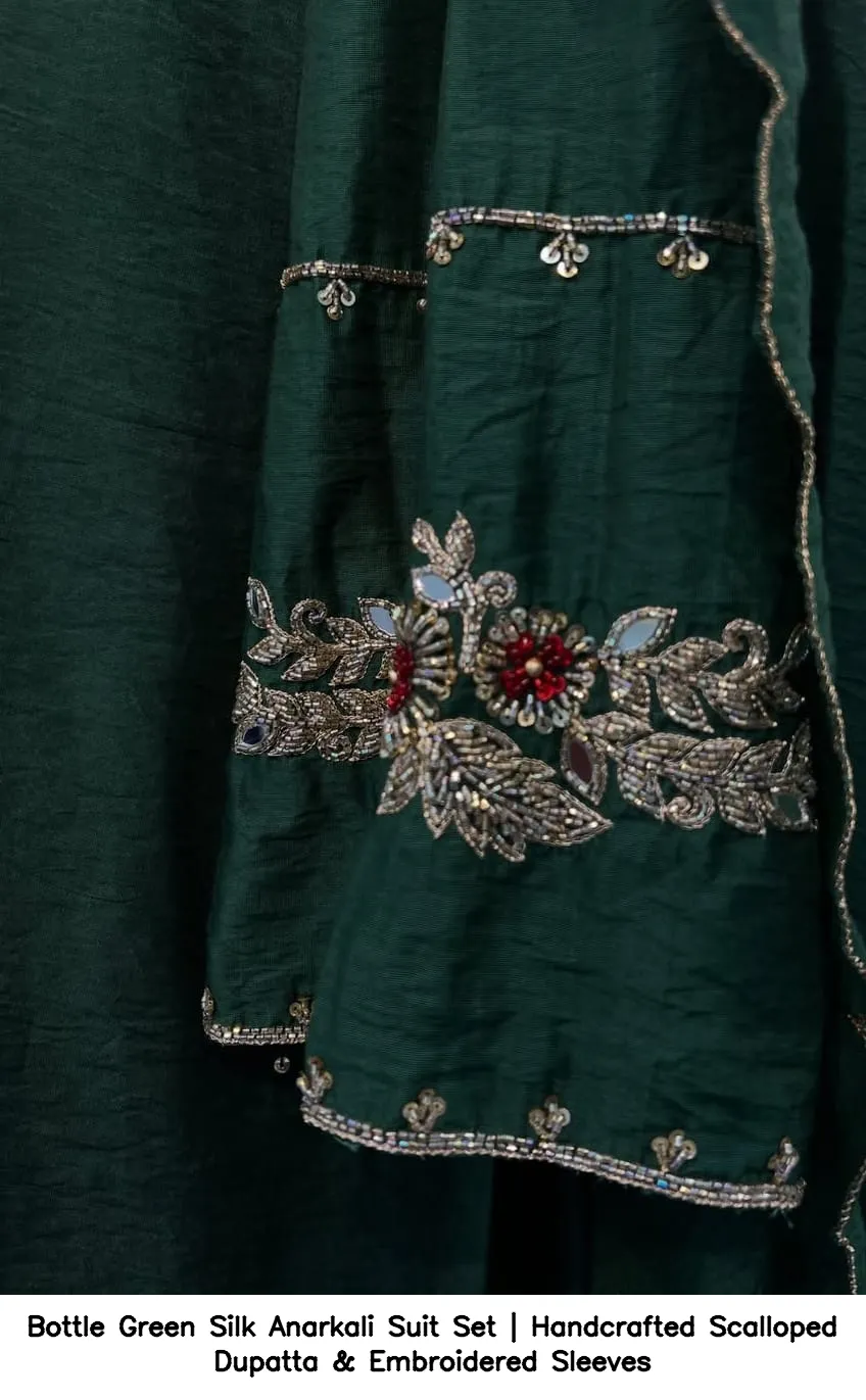 Bottle Green Silk Anarkali Suit Set | Handcrafted Scalloped Dupatta & Embroidered Sleeves 2