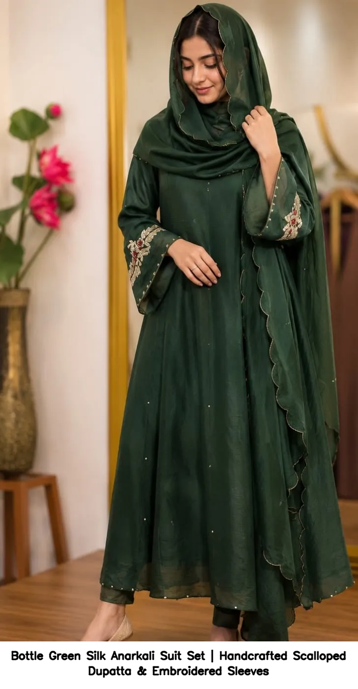 Bottle Green Silk Anarkali Suit Set | Handcrafted Scalloped Dupatta & Embroidered Sleeves 3