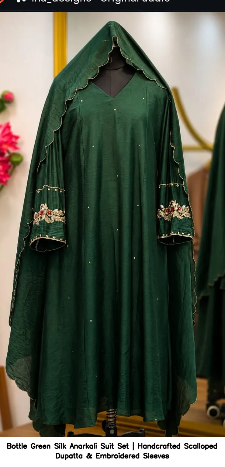Bottle Green Silk Anarkali Suit Set | Handcrafted Scalloped Dupatta & Embroidered Sleeves 4