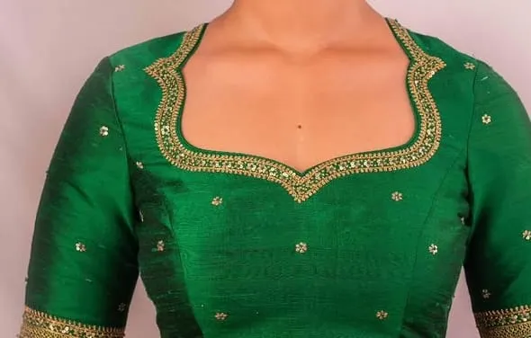 Bottle Green Silk Blouse with Gold Sequin Scallop Border & Cutout Back | Designer Saree Blouse