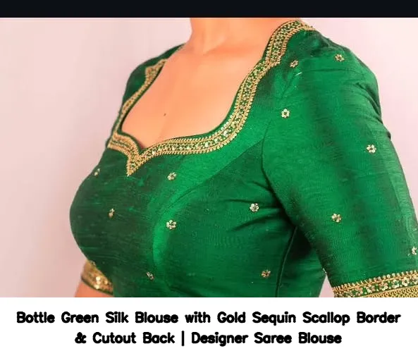 Bottle Green Silk Blouse with Gold Sequin Scallop Border & Cutout Back | Designer Saree Blouse 2