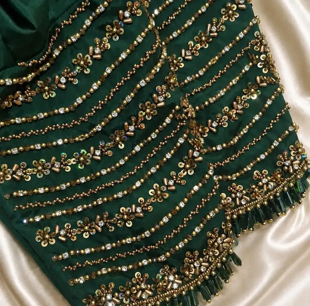 Bottle Green Silk Blouse with Heavy Gold Aari Beadwork & Tassel Sleeve Details | Designer Bridal Saree Blouse