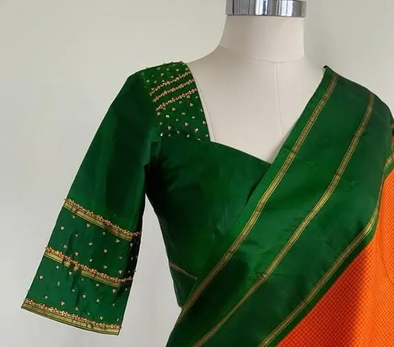 Bottle Green Silk Blouse with Sheer Net Yoke & Diagonal Bead Embroidery | Designer Saree Blouse