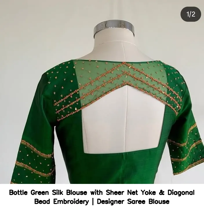 Bottle Green Silk Blouse with Sheer Net Yoke & Diagonal Bead Embroidery | Designer Saree Blouse 2