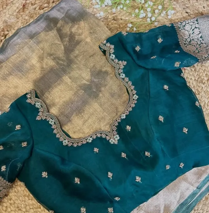 Bottle Green Silk Maggam Work Blouse - Scalloped Neck Zardosi Embroidered Saree Blouse with Silver Zari Border 1