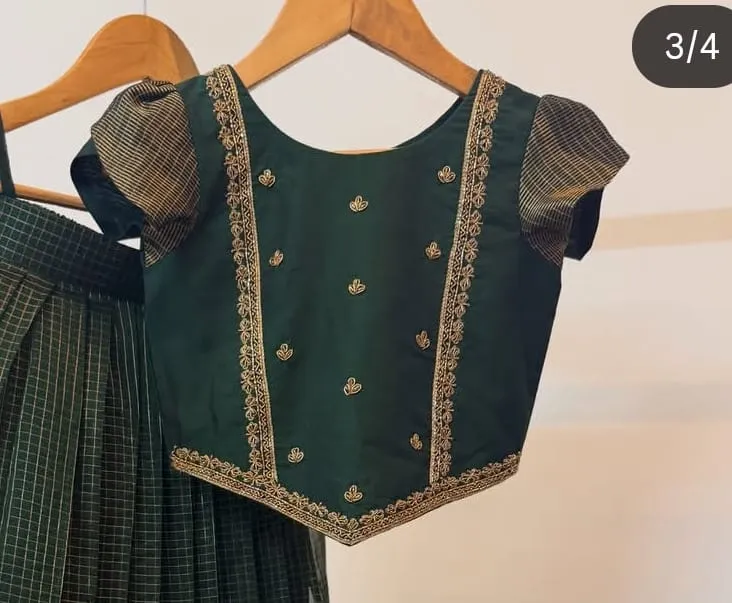 Bottle Green Silk Pattu Pavadai Set with Embroidered Blouse for Girls 1