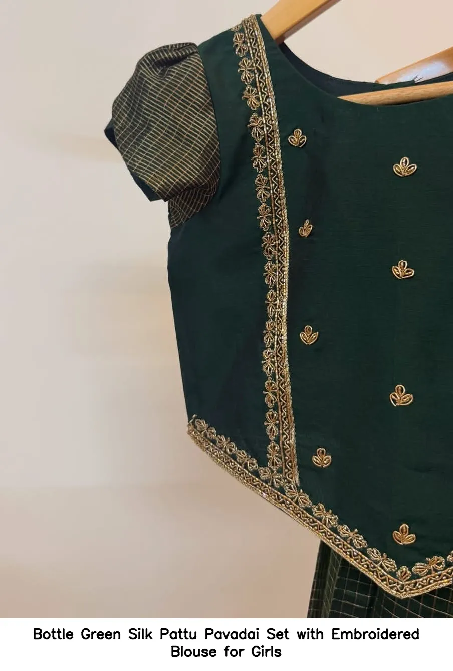 Bottle Green Silk Pattu Pavadai Set with Embroidered Blouse for Girls 2