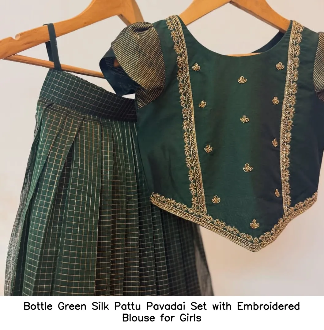 Bottle Green Silk Pattu Pavadai Set with Embroidered Blouse for Girls 3