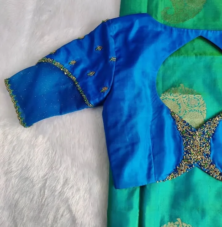 Bridal Blue Silk Saree Blouse with Contrast Green Bead Embroidery & Sheer Sleeves | Customized Pattu Blouse