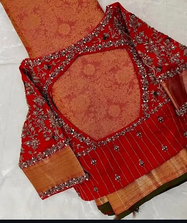 Bridal Crimson Red Silk Blouse with Heavy Zardosi Floral Jaal & Diamond Cut-Out Back