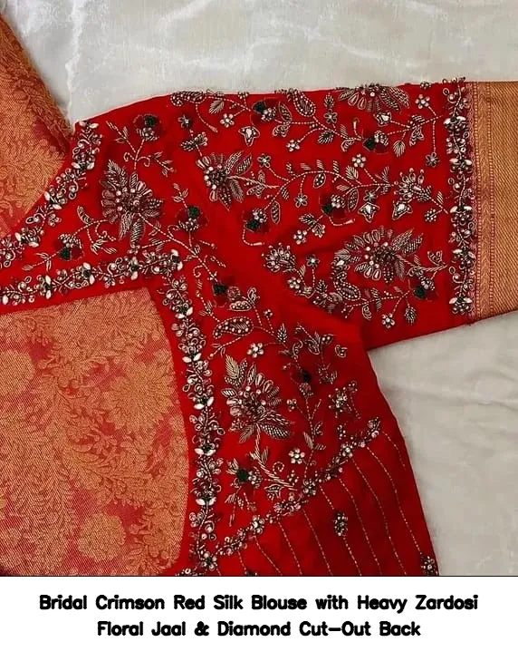 Bridal Crimson Red Silk Blouse with Heavy Zardosi Floral Jaal & Diamond Cut-Out Back 2