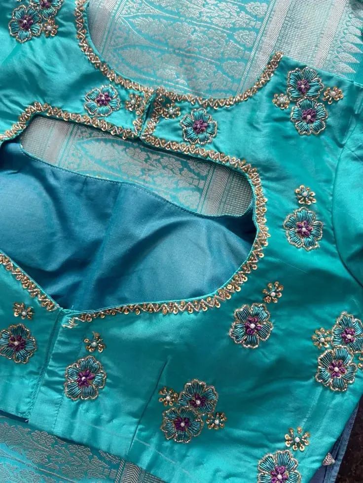 Bridal Peacock Blue Raw Silk Blouse with Floral Hand Embroidery | Readymade Pattu Saree Blouse