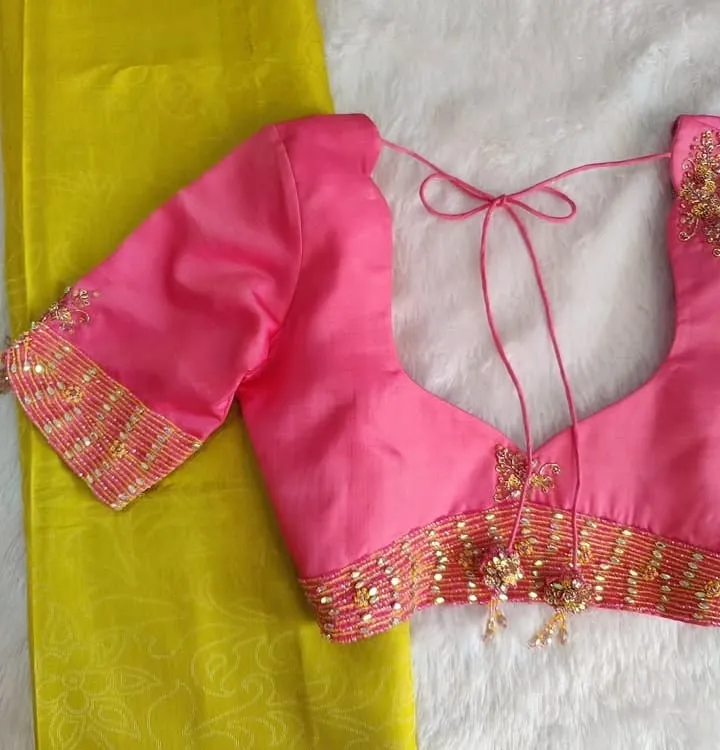 Bridal Pink Silk Blouse with Beaded Border Work & Matching Latkan Dori | Readymade Contrast Saree Blouse