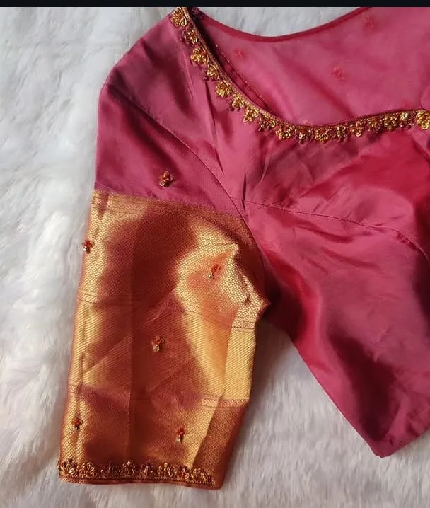 Bridal Pink Silk Saree Blouse with Golden Zari Kanjivaram Style Sleeves & Beadwork | Customized Saree Blouse