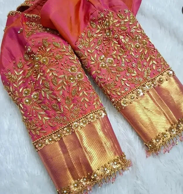 Bridal Pink Silk Saree Blouse with Sheer Net Back | Heavy Floral Zardosi Maggam Work Blouse | Readymade Bead Fringe Sleeve Top
