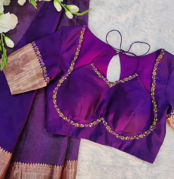 Bridal Purple Raw Silk Blouse with Embroidered Corset Outline & Brocade Sleeves | Customized Readymade Pattu Blouse