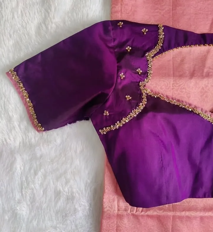Bridal Purple Silk Blouse with Gold Beadwork Neckline & Sleeve Edging | Customized Readymade Pattu Saree Blouse