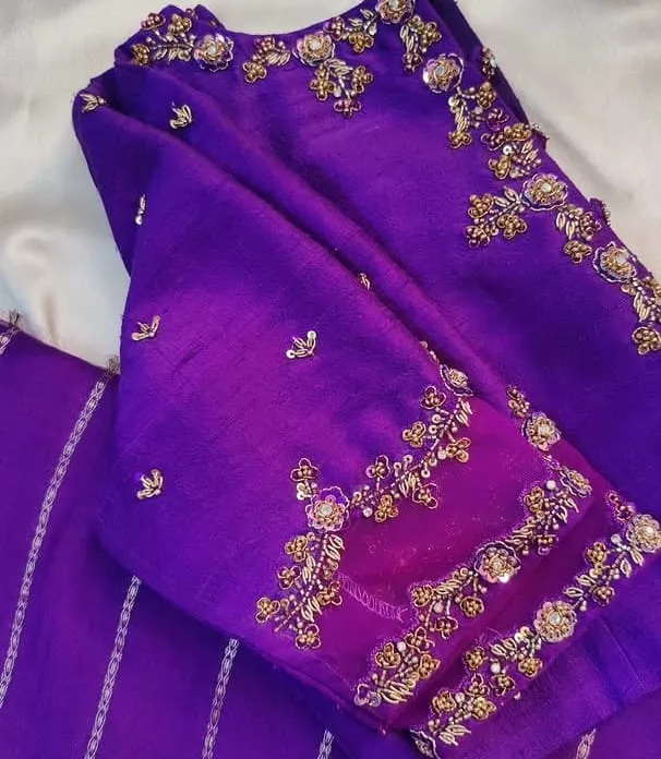 Bridal Purple Silk Saree Blouse with Floral Hand Embroidered Sleeves & Button Back | Customized Pattu Blouse