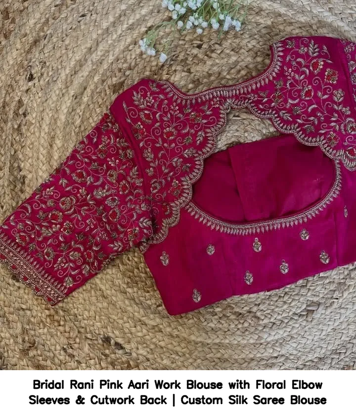 Bridal Rani Pink Aari Work Blouse with Floral Elbow Sleeves & Cutwork Back | Custom Silk Saree Blouse 2