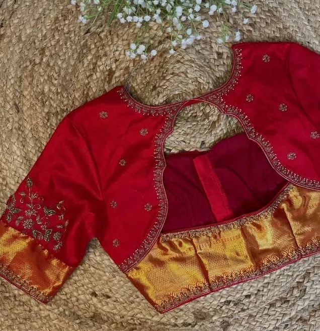 Bridal Red Maggam Work Blouse with Gold Zari Border & Scallop Neck | Designer Silk Saree Blouse 1