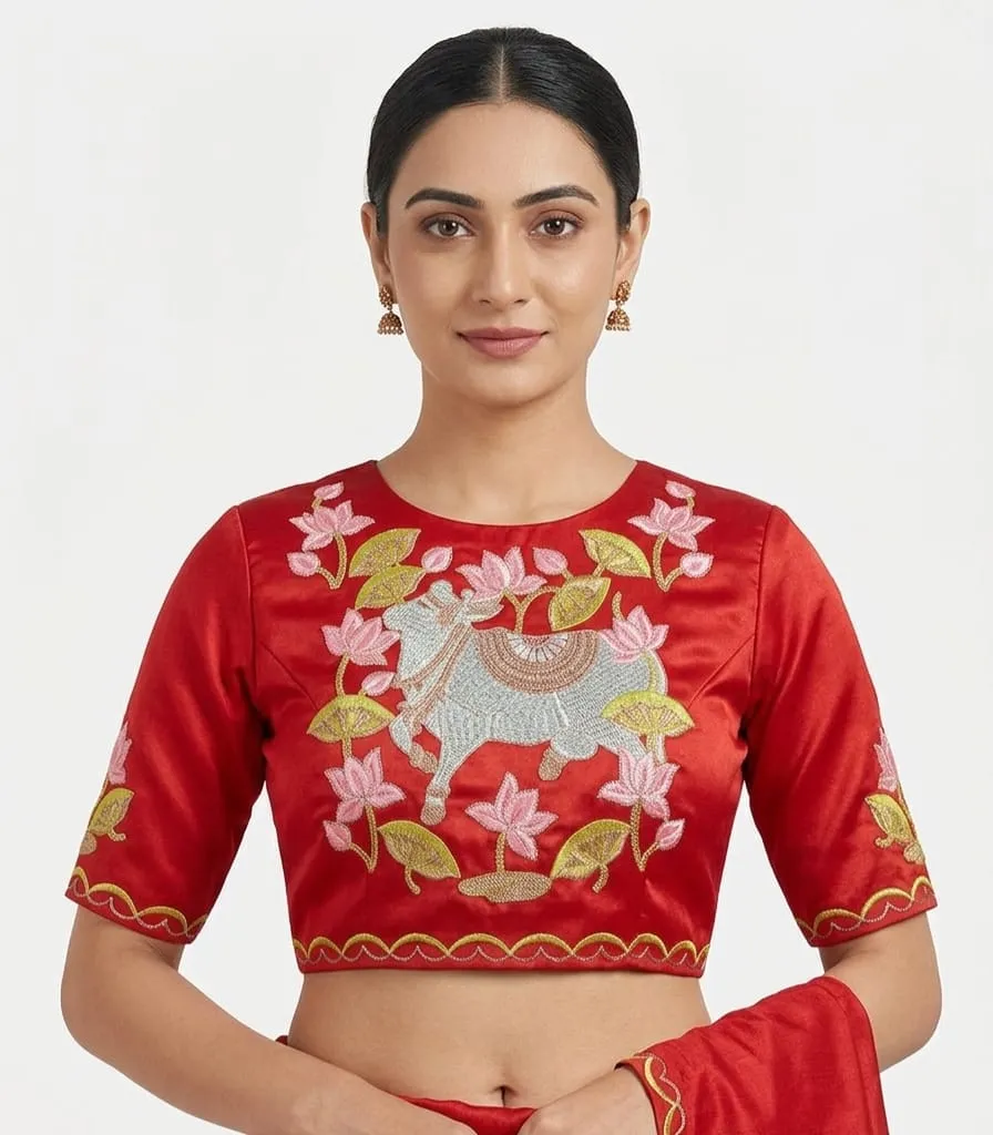 Bridal Red Pichwai Art Embroidered Blouse | Handcrafted Cow & Lotus Silk Blouse for Festive Saree