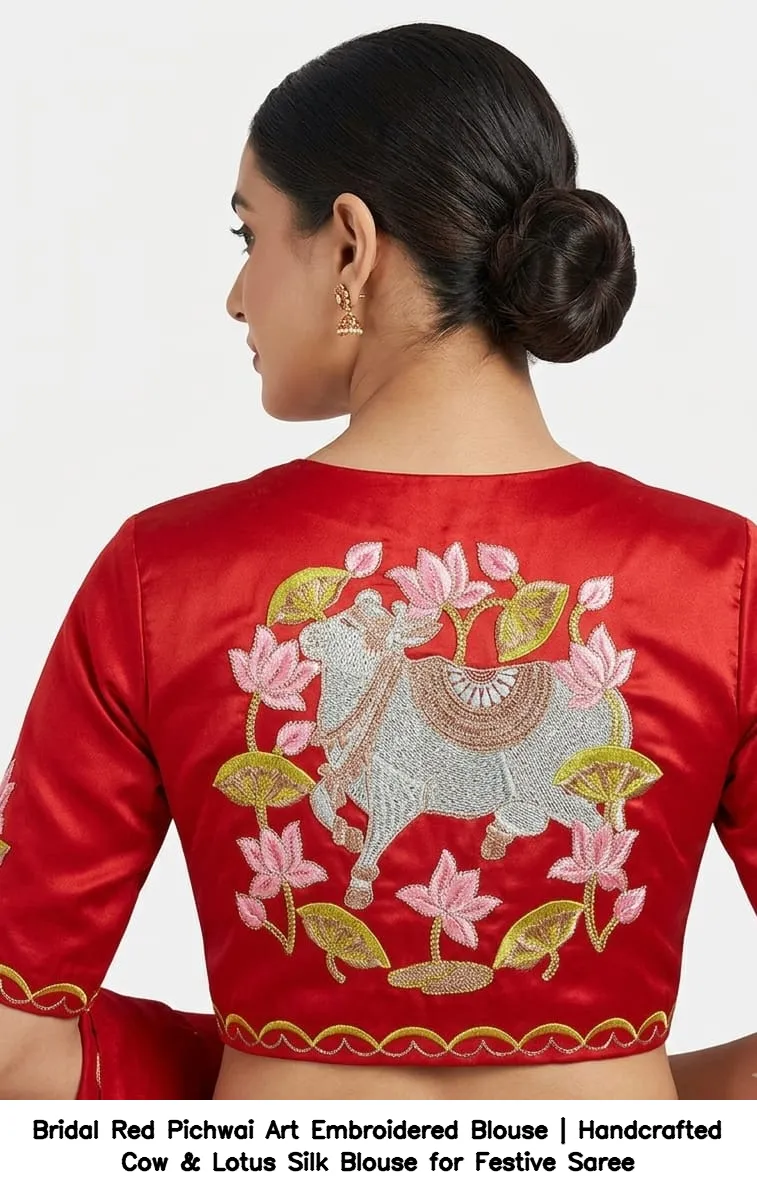 Bridal Red Pichwai Art Embroidered Blouse | Handcrafted Cow & Lotus Silk Blouse for Festive Saree 2