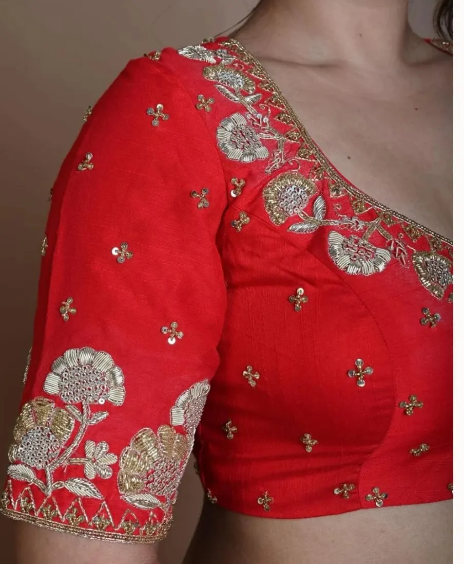 Bridal Red Raw Silk Blouse – Gold Zardosi Handwork Elbow Sleeve Saree Blouse 1