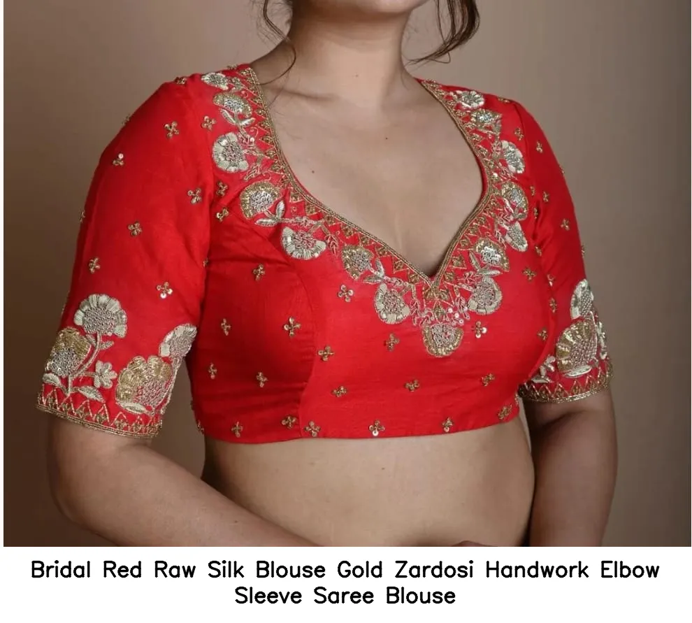 Bridal Red Raw Silk Blouse – Gold Zardosi Handwork Elbow Sleeve Saree Blouse 2